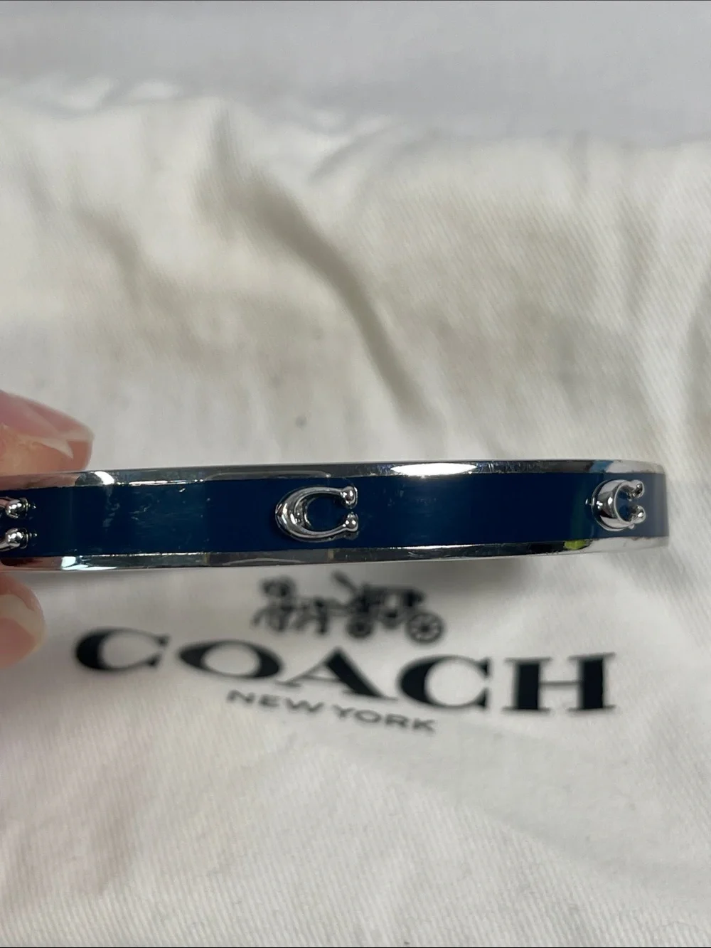 Coach Blue Enamel Signature C Silver Tone Hinged Bangle Bracelet